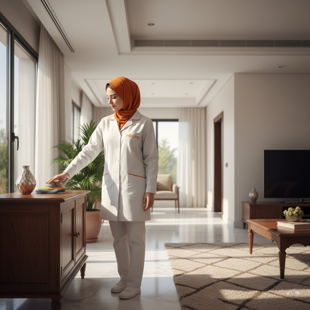 Femme de ménage régulière à Casablanca nettoyant un appartement moderne avec uniforme blanc et hijab orange