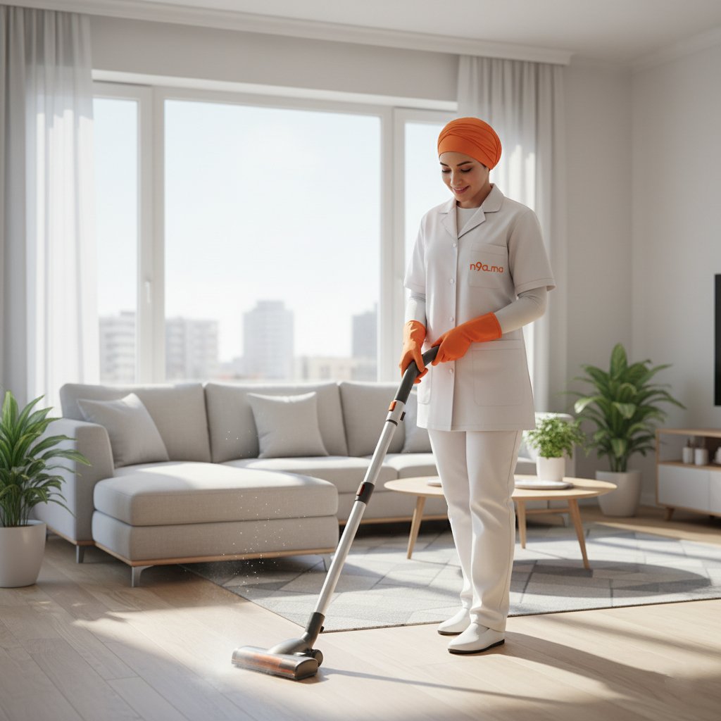 Nettoyage après travaux à Casablanca par femme de ménage N9A.ma en uniforme blanc et hijab orange, service rapide et complet. Femme de ménage à Casablanca effectuant un nettoyage après travaux avec uniforme blanc et hijab orange