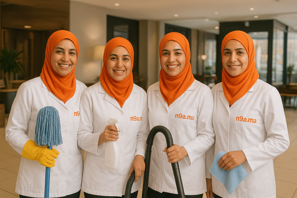 Groupe de femmes de ménage marocaines en uniformes n9a.ma et hijabs orange tenant des outils de nettoyage dans un hôtel ou café moderne à Casablanca, service fiable et professionnel. Groupe de 4 femmes de ménage marocaines en uniformes n9a.ma blancs avec hijabs orange tenant des outils de nettoyage dans un hôtel ou café moderne à Casablanca