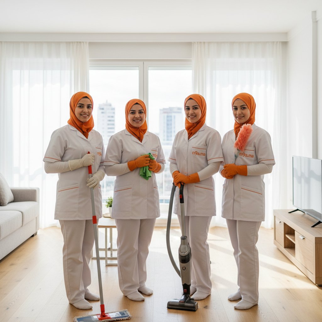 Groupe de 4 femmes de ménage marocaines portant des uniformes n9a.ma blancs et hijabs orange, tenant des outils de nettoyage dans un appartement moderne à Casablanca