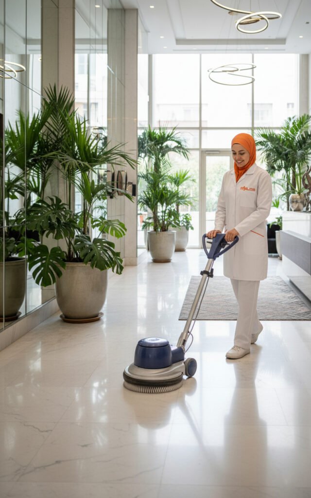 Femme de ménage à Casablanca nettoyant le rez-de-chaussée et l’entrée d’un immeuble avec uniforme blanc et hijab orange

