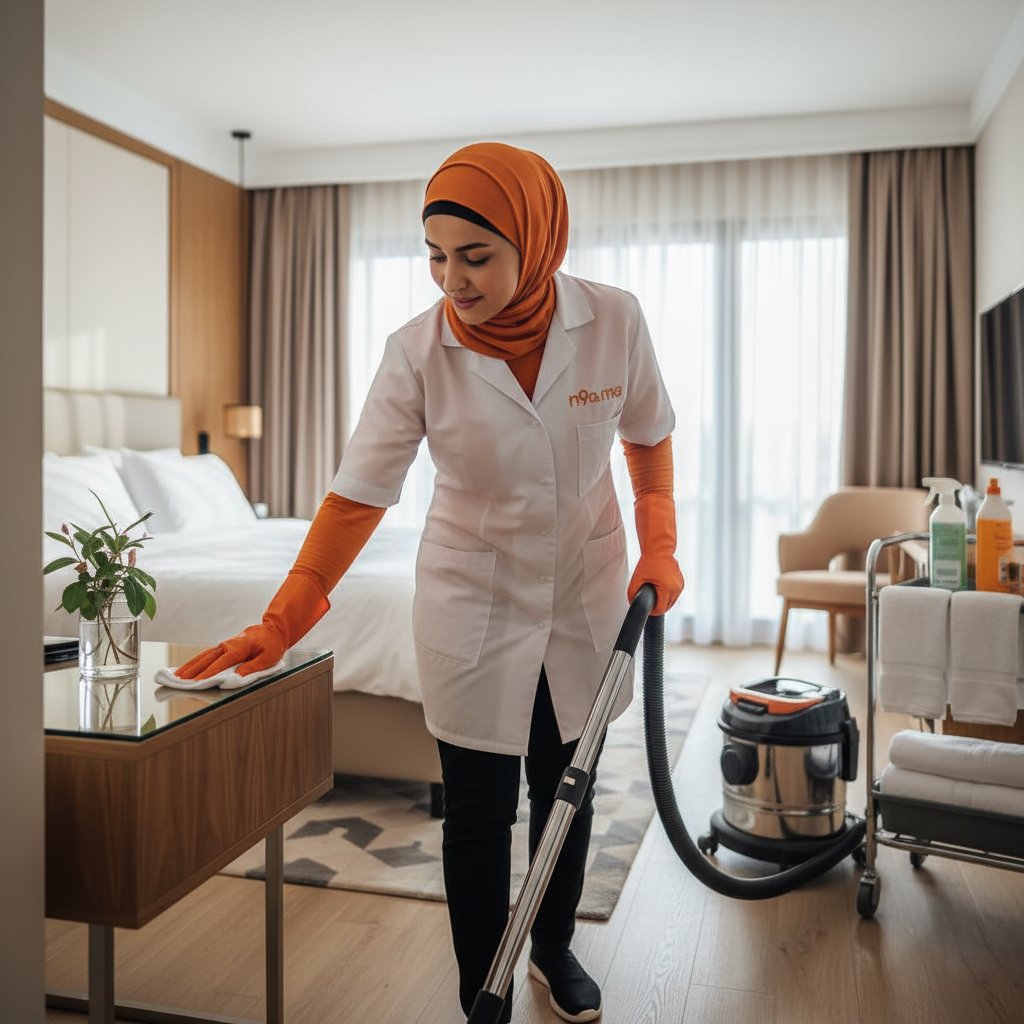 Nettoyage professionnel d’une villa à Casablanca par une femme de ménage en uniforme blanc N9A.ma et hijab orange, service fiable et discret. Femme de ménage à Casablanca nettoyant une villa moderne avec uniforme blanc et hijab orange