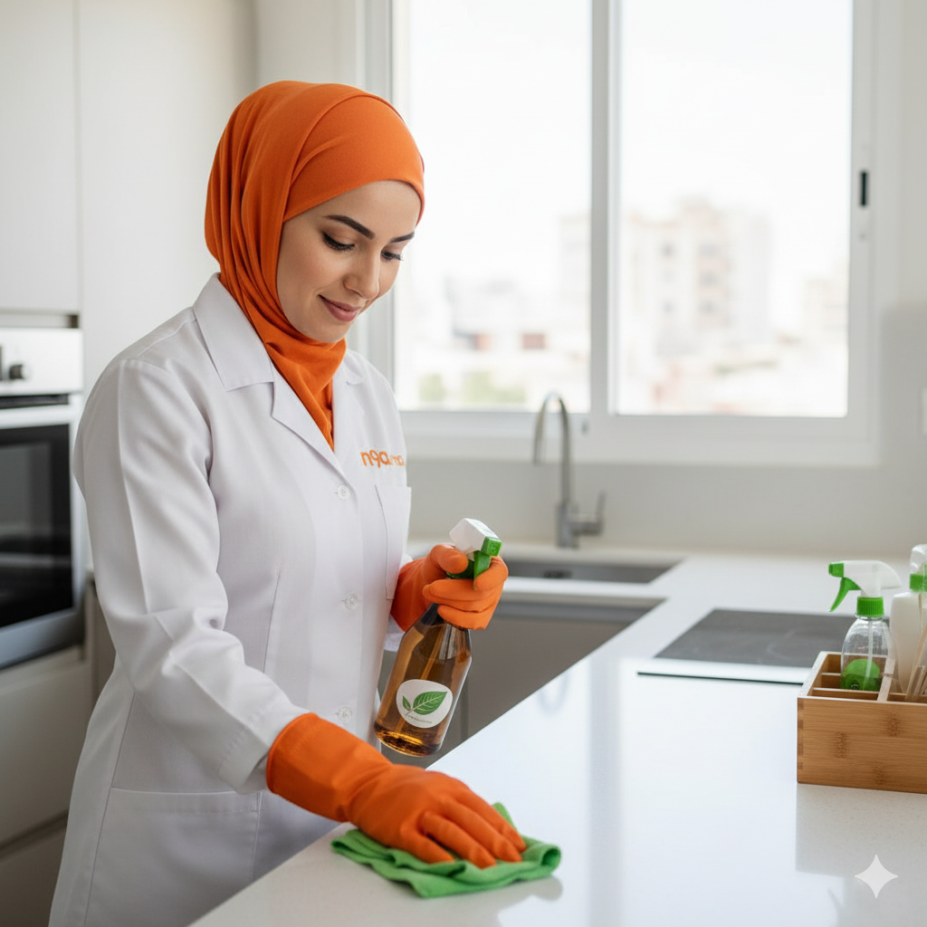 Femme de ménage marocaine utilisant des produits écologiques dans une cuisine Airbnb moderne à Casablanca, portant un uniforme n9a.ma blanc et hijab orange