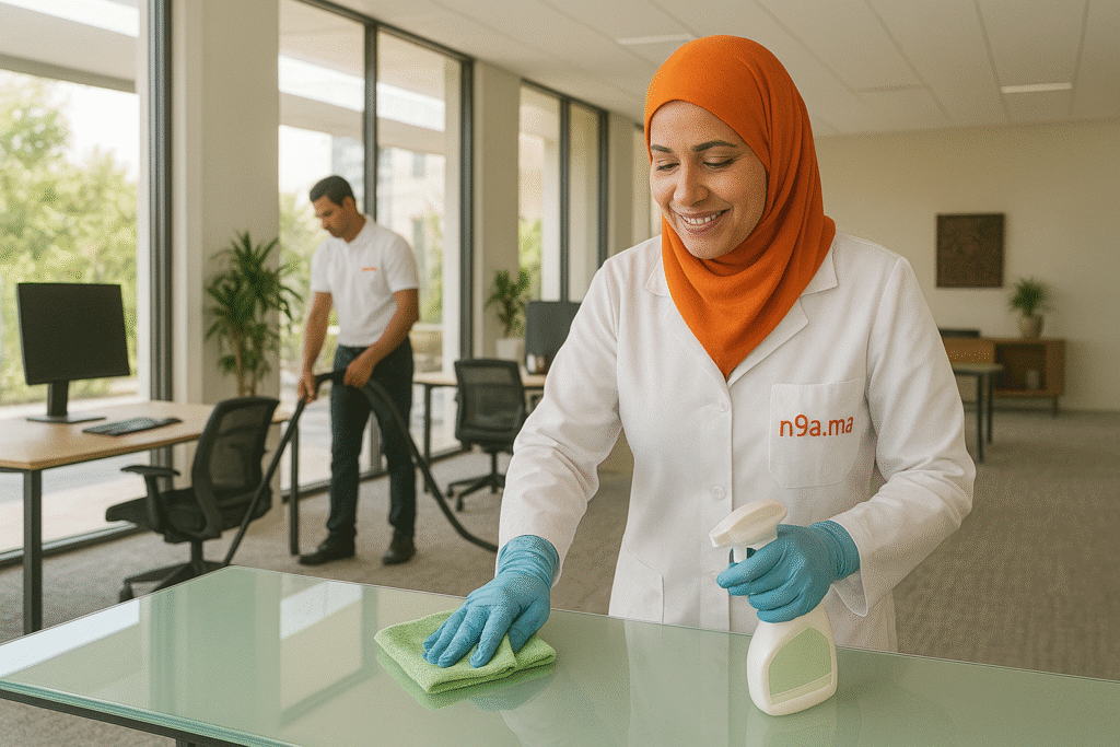 Femme de ménage à Casablanca en uniforme blanc n9a.ma nettoyant un bureau moderne en verre dans un espace de travail lumineux – service de ménage professionnel pour entreprises et bureaux.