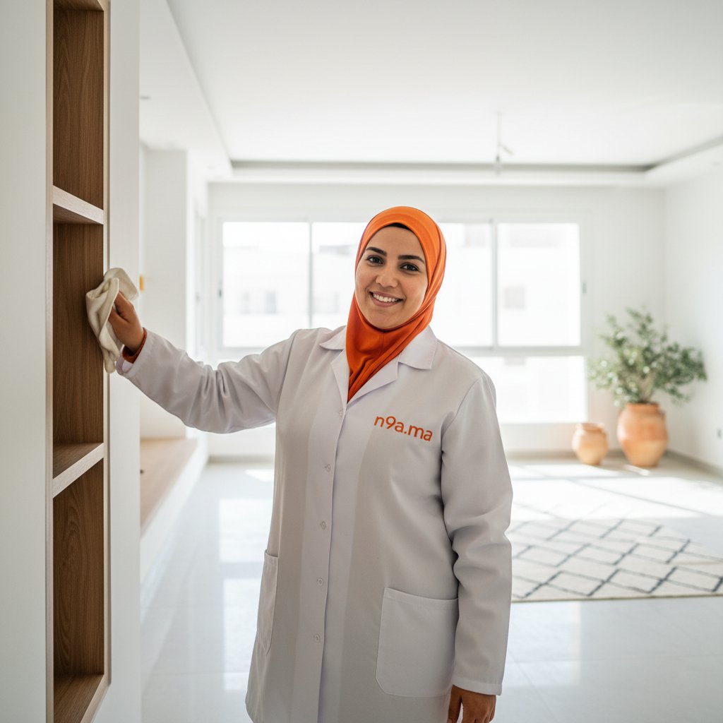 Femme de ménage marocaine portant un uniforme blanc n9a.ma avec hijab orange nettoyant un appartement après travaux à Casablanca