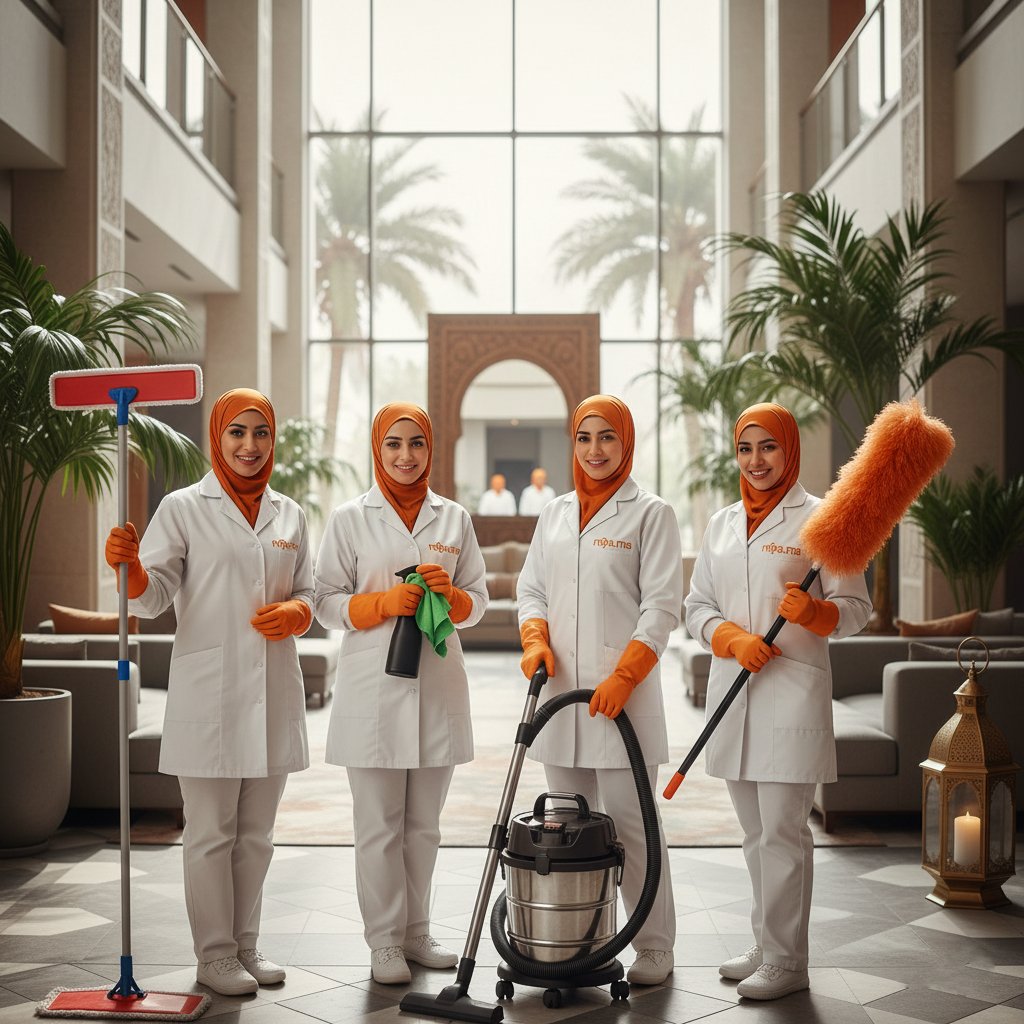 Groupe de 4 femmes de ménage marocaines en uniformes n9a.ma blancs avec hijabs orange tenant des outils de nettoyage dans un hôtel ou café moderne à Casablanca