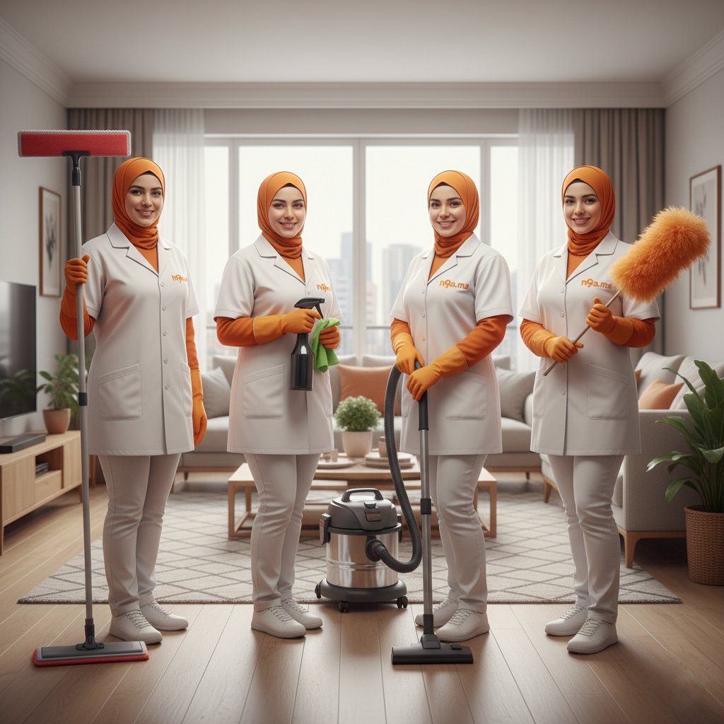 Groupe de 4 femmes de ménage marocaines en uniformes n9a.ma blancs avec hijabs orange tenant des outils de nettoyage dans un appartement moderne à Casablanca