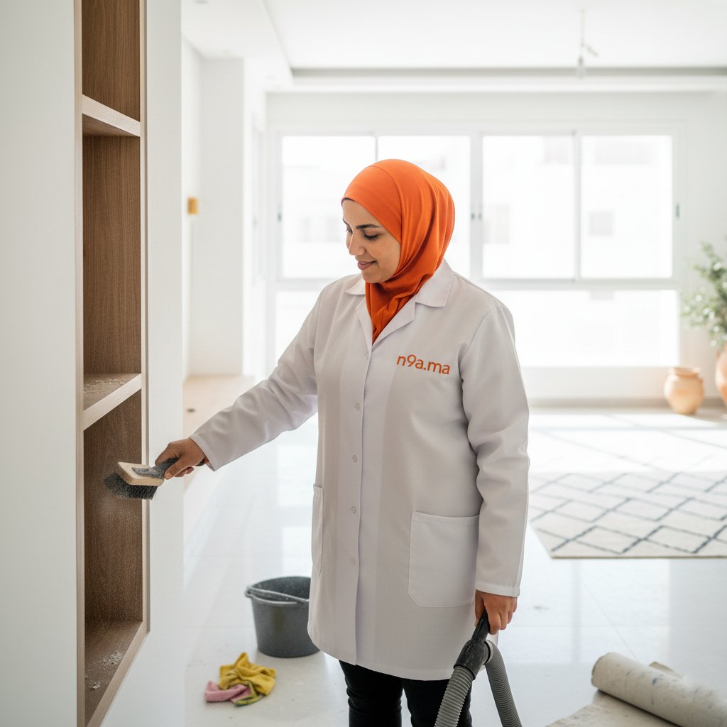Femme de ménage marocaine nettoyant un appartement après travaux à Casablanca, portant un uniforme n9a.ma blanc et hijab orange