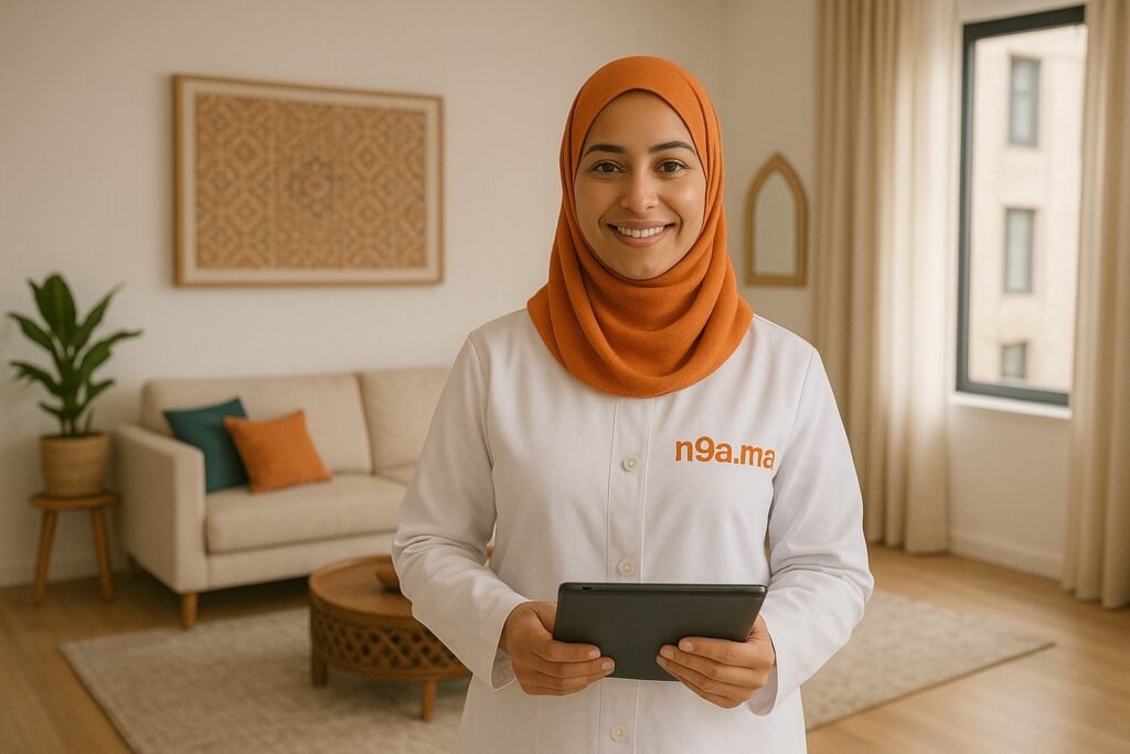 Femme de ménage marocaine portant un uniforme blanc n9a.ma avec hijab orange dans un salon Airbnb moderne à Casablanca