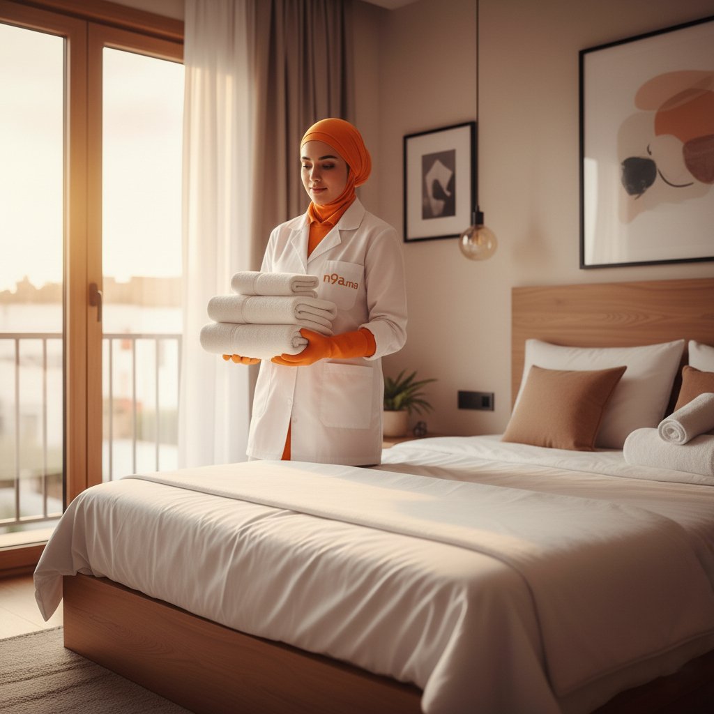 Femme de ménage à Casablanca préparant un Airbnb, uniforme blanc N9A.ma et hijab orange, service ponctuel et fiable. Femme de ménage à Casablanca préparant un Airbnb avec uniforme blanc et hijab orange