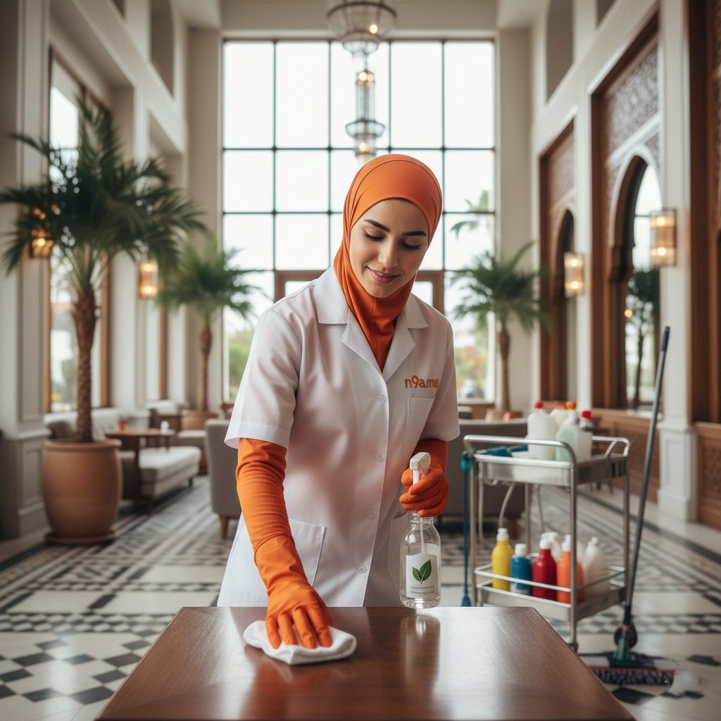 Femme de ménage à Casablanca nettoyant un hôtel, café ou restaurant, uniforme blanc N9A.ma et hijab orange, service fiable et professionnel. Femme de ménage à Casablanca nettoyant un hôtel, café ou restaurant avec uniforme blanc et hijab orange