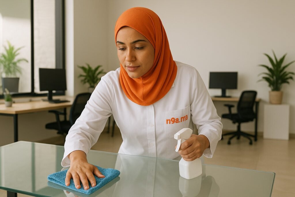 Femmes de ménage marocaines nettoyant une salle de réunion avec grande table et chaises modernes, en uniforme blanc avec logo n9a.ma à Casablanca – entretien professionnel des espaces communs et bureaux.