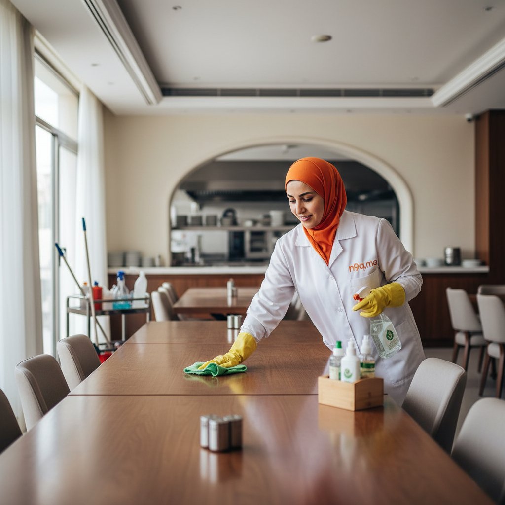 Femme de ménage marocaine nettoyant une cuisine de restaurant ou un hôtel à Casablanca avec des produits écologiques, portant un uniforme n9a.ma et hijab orange, service professionnel et fiable. Femme de ménage marocaine utilisant des produits écologiques dans une cuisine de restaurant ou un hôtel à Casablanca, portant un uniforme n9a.ma et hijab orange
