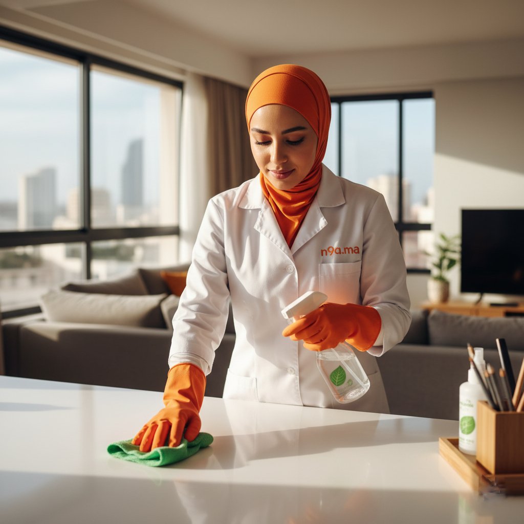 Femme de ménage marocaine utilisant des produits écologiques dans une cuisine moderne à Casablanca, portant un uniforme n9a.ma et hijab orange