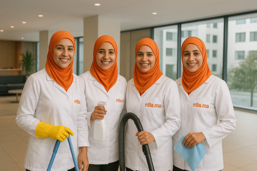 Équipe de femmes de ménage professionnelles marocaines en uniforme blanc avec logo orange n9a.ma et hijab orange, posant dans un bureau moderne à Casablanca avec vue sur la ville – service de nettoyage de bureaux et commerces.