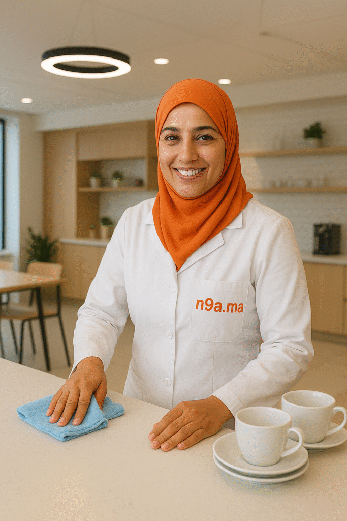 Femme de ménage professionnelle à Casablanca nettoyant une cafétéria d’entreprise, uniforme blanc avec logo n9a.ma, entretien des cuisines et espaces de pause pour bureaux et commerces.