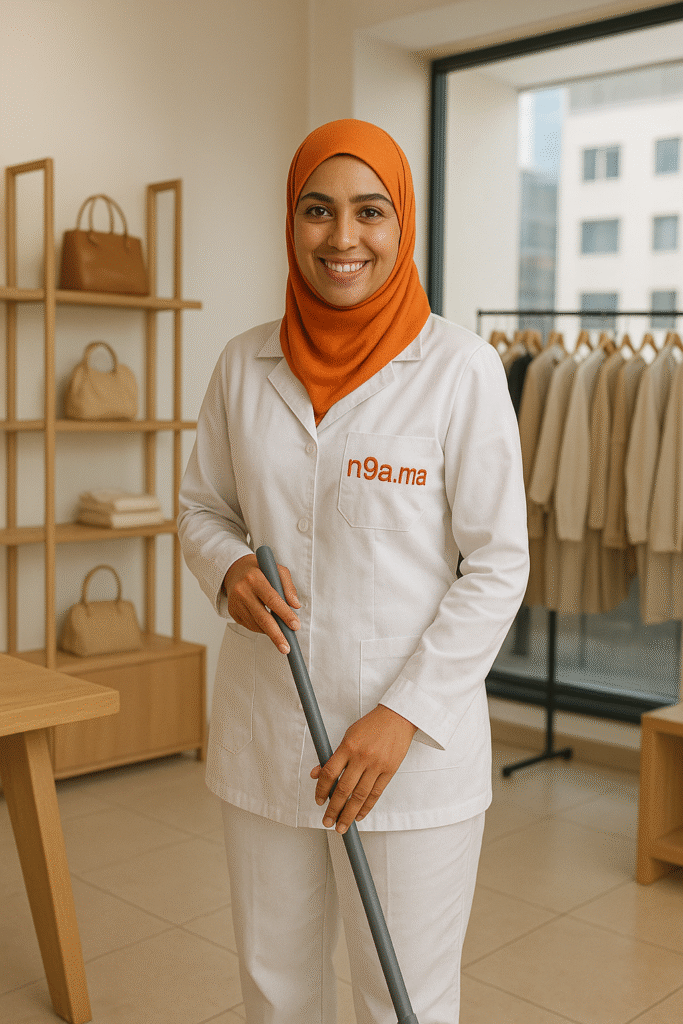 Femmes de ménage marocaines nettoyant une salle de réunion avec grande table et chaises modernes, en uniforme blanc avec logo n9a.ma à Casablanca – entretien professionnel des espaces communs et bureaux.
